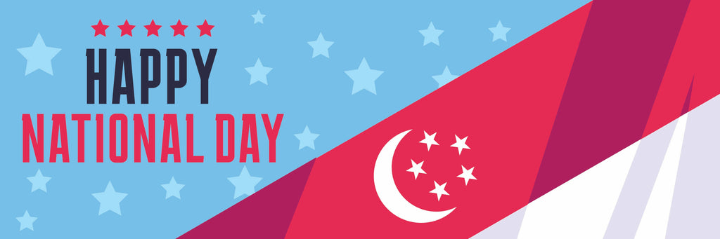 Happy National Day banner with Singapore flag design on a blue background