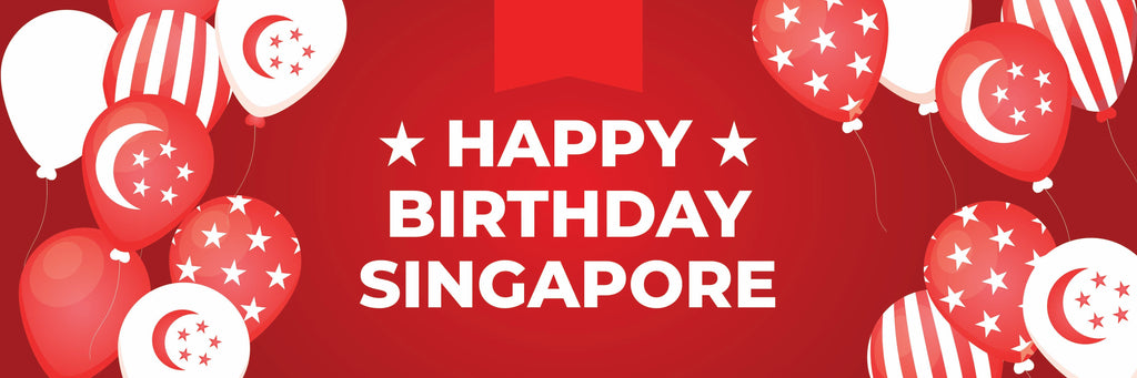 Happy Birthday Singapore banner with red background, white stars, and Singaporean flag balloons.