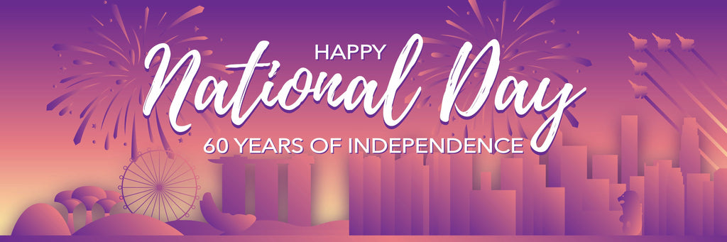 Happy National Day banner with fireworks and cityscape on a pink and purple gradient background