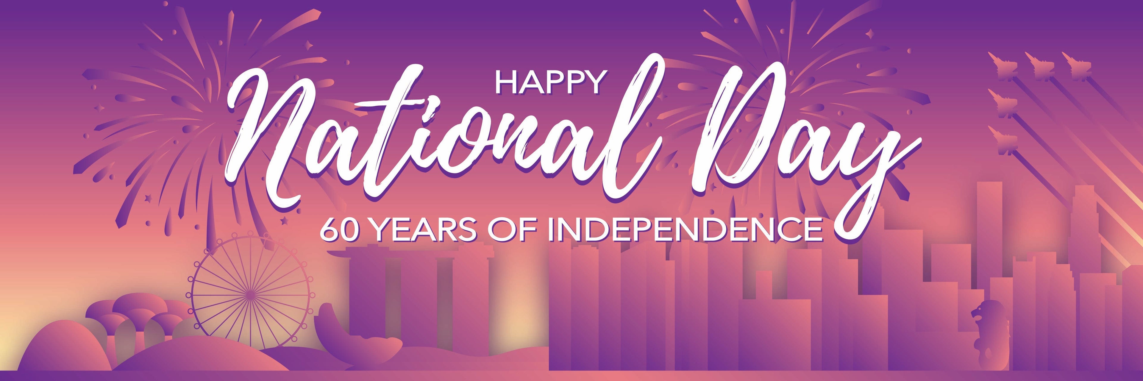Happy National Day banner with fireworks and cityscape on a pink and purple gradient background
