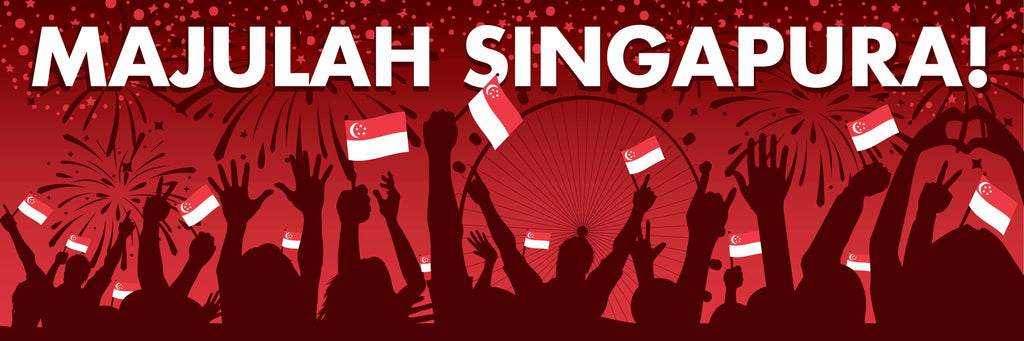 Silhouettes of people holding red and white flags with 'MAJULAH SINGAPURA!' text on a red background.
