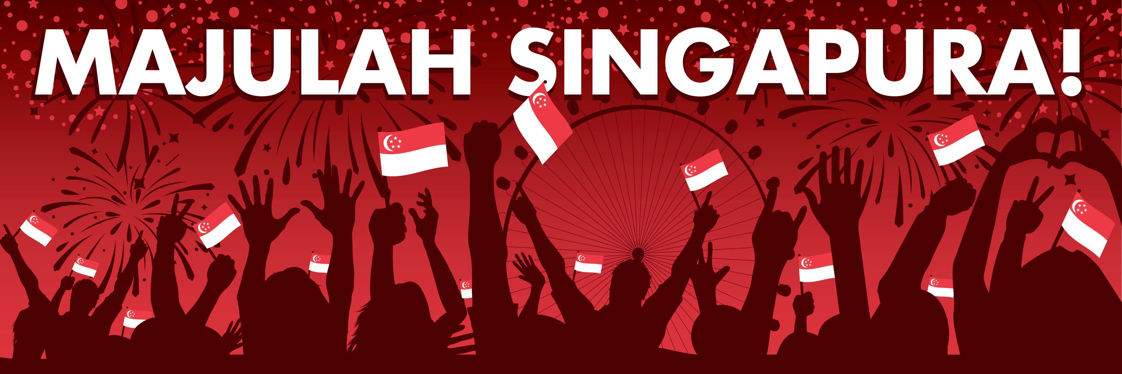 Silhouettes of people holding red and white flags with 'MAJULAH SINGAPURA!' text on a red background.