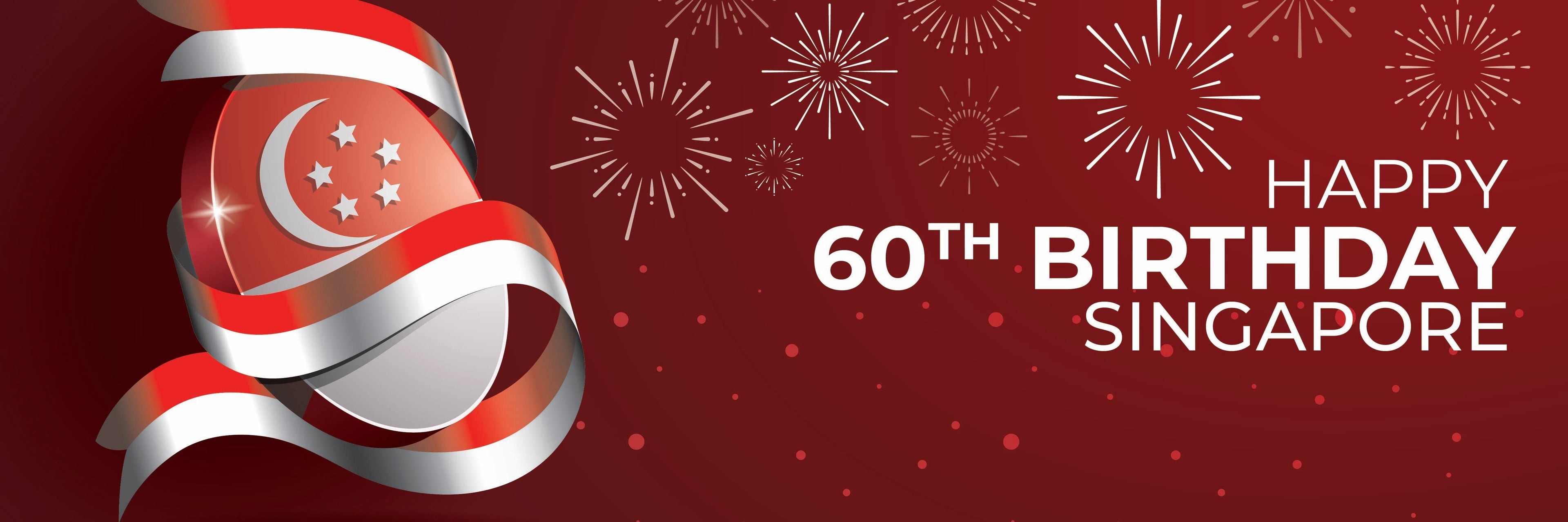 Happy 60th Birthday Singapore banner with Singapore flag and fireworks on a red background