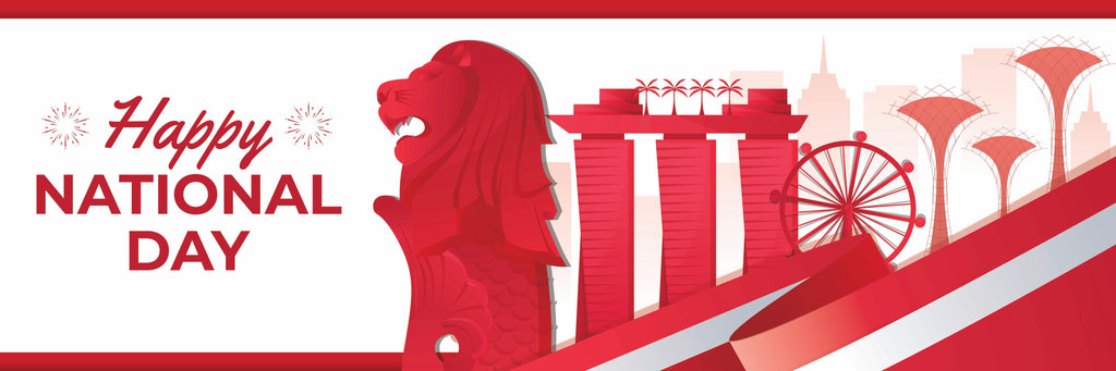 Red lion statue and Singapore landmarks with 'Happy National Day' text on a white background