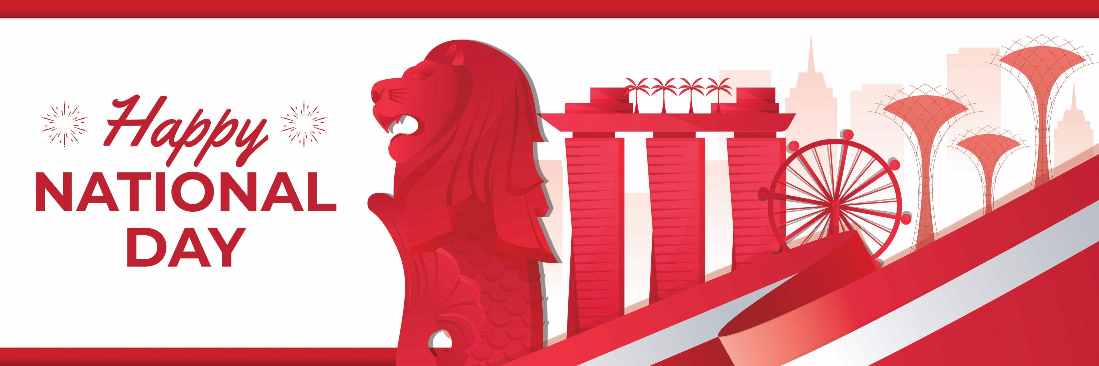 Red lion statue and Singapore landmarks with 'Happy National Day' text on a white background