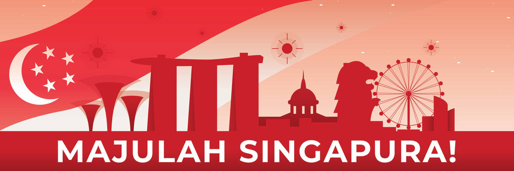 Silhouette of Singapore landmarks on a red background with 'MAJULAH SINGAPURA!' text.