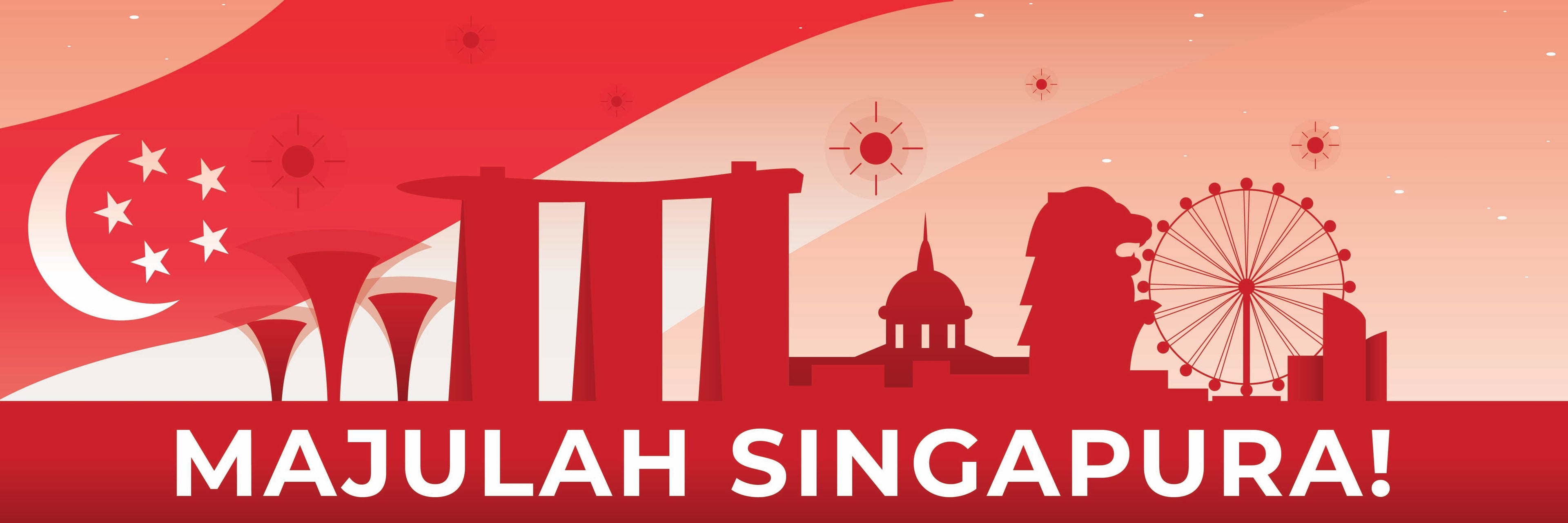 Silhouette of Singapore landmarks on a red background with 'MAJULAH SINGAPURA!' text.