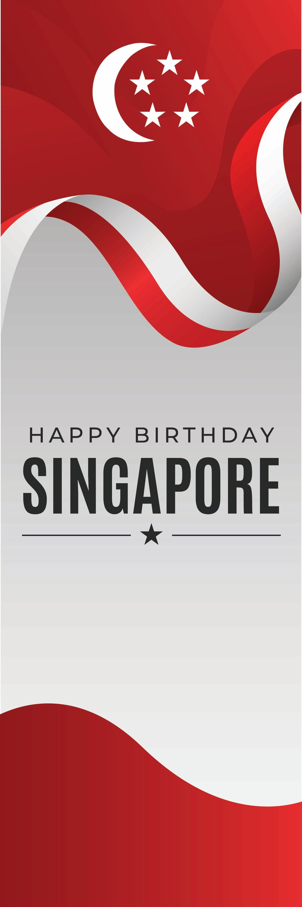 Waving flag design with Singapore's national colors and 'Happy Birthday Singapore' text.