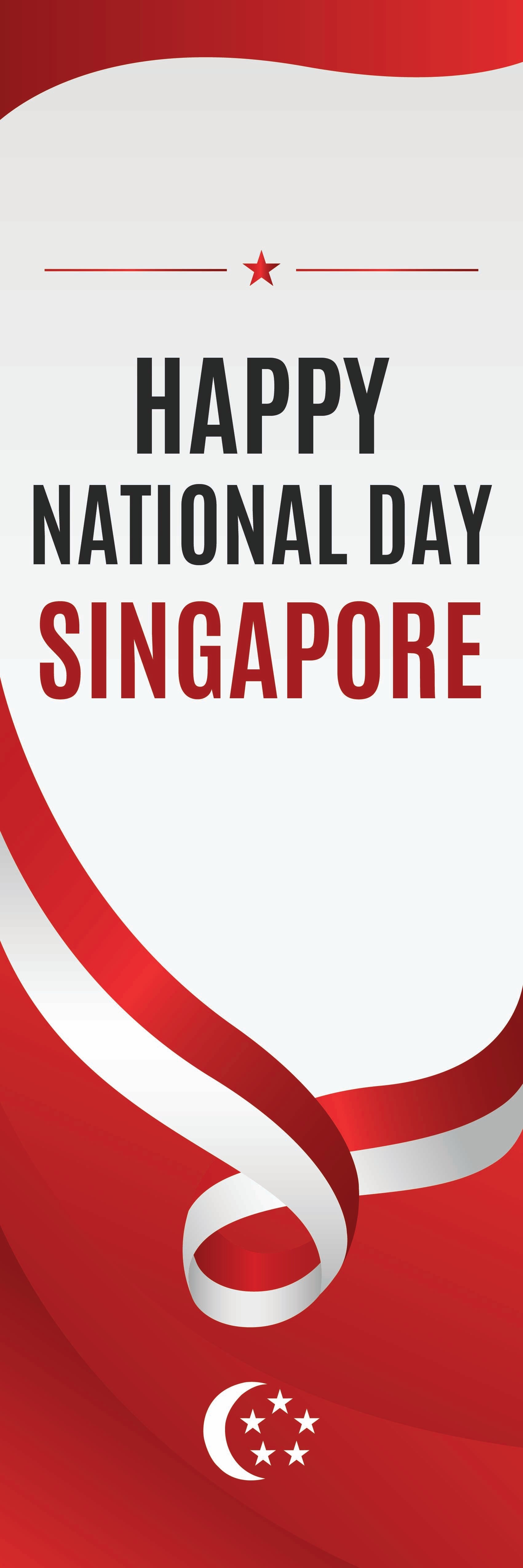 Happy National Day Singapore text on a red and white background with a star and crescent symbol.