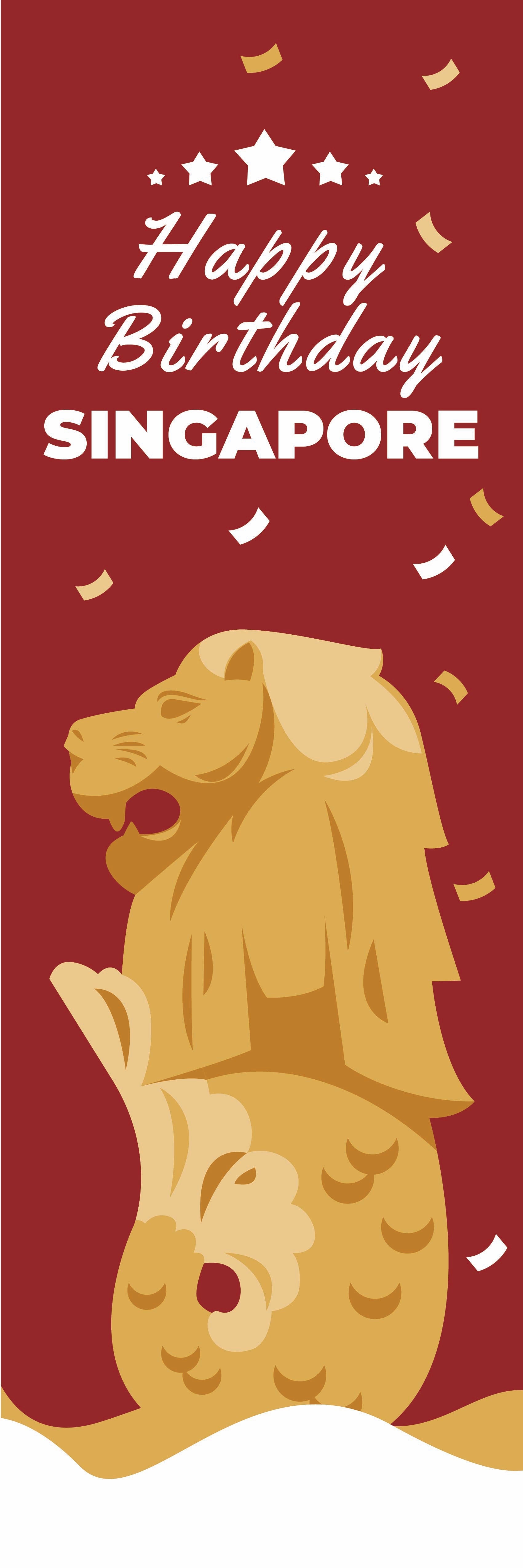Happy Birthday Singapore card with lion statue and confetti on a red background
