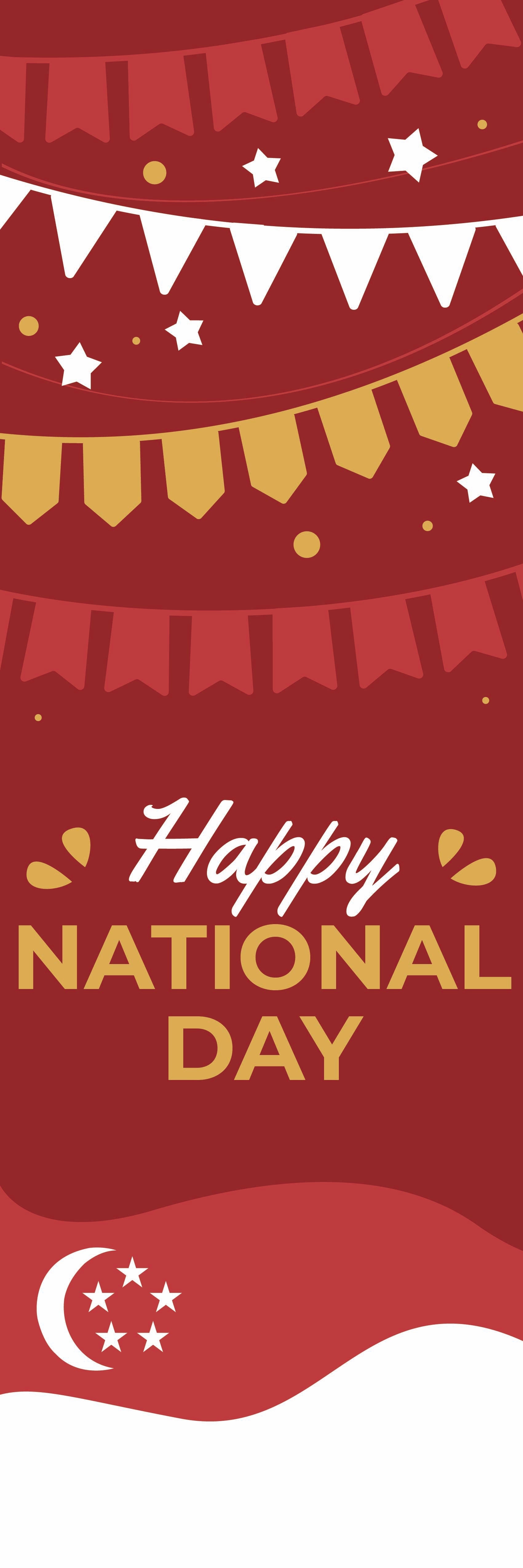 Happy National Day text with Singapore flag on a red background