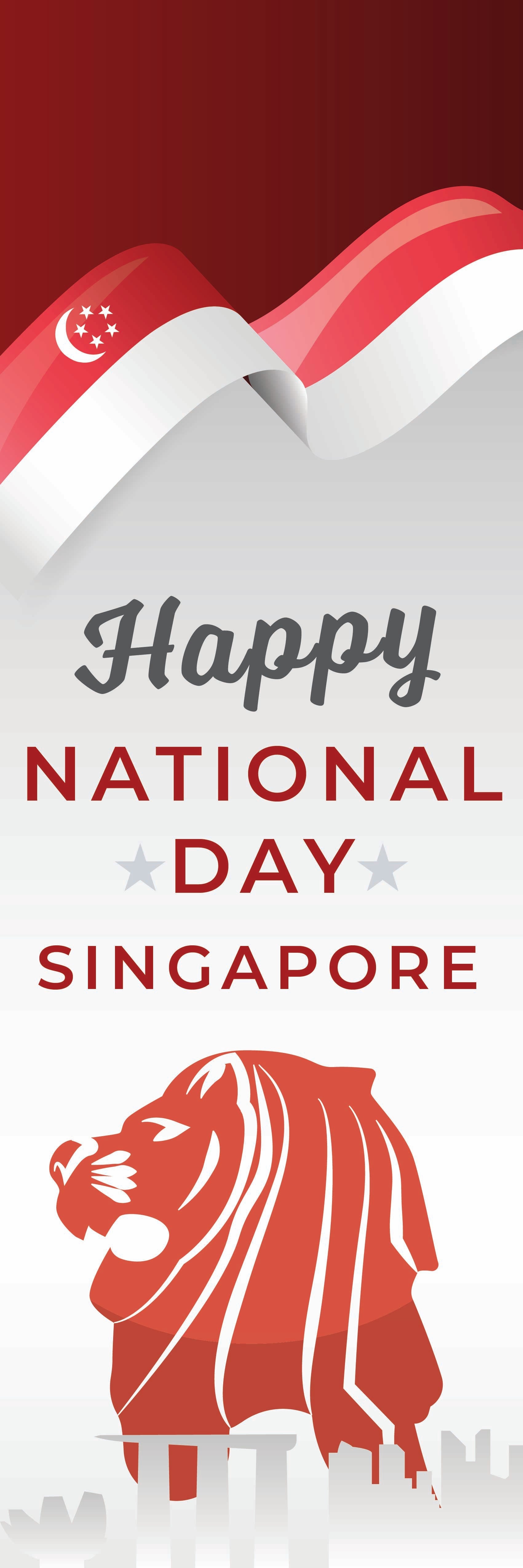Happy National Day Singapore text with Singapore flag and lion emblem on a red background