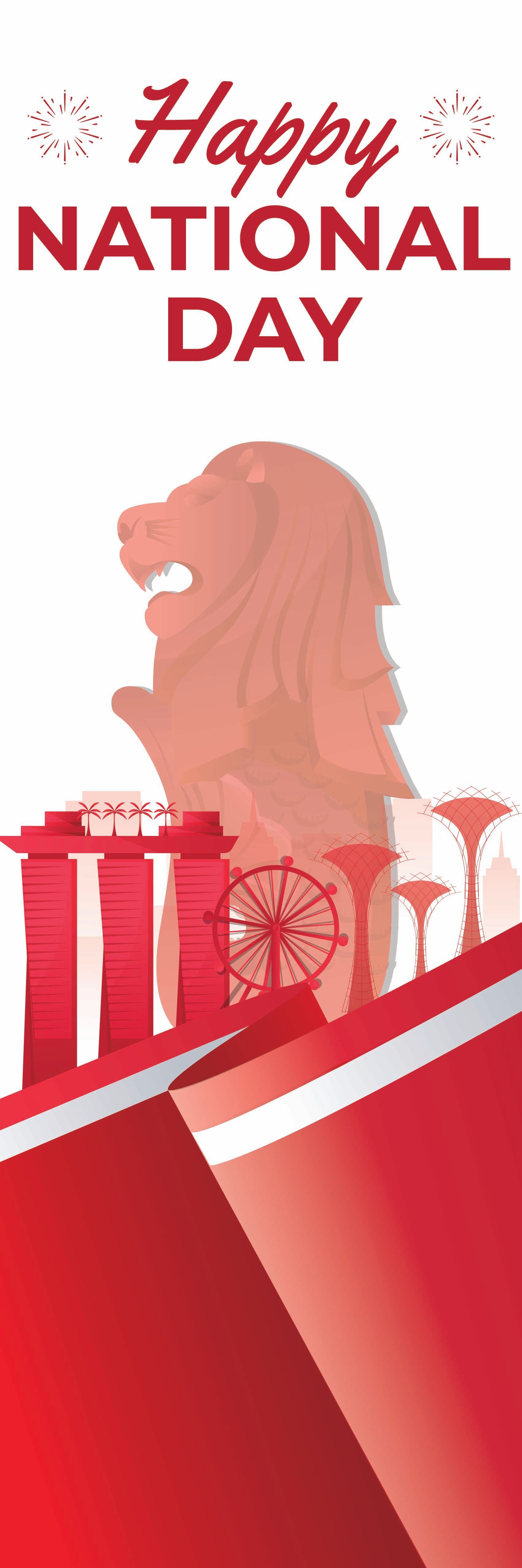 Singaporean landmark with 'Happy National Day' text on a red and white background
