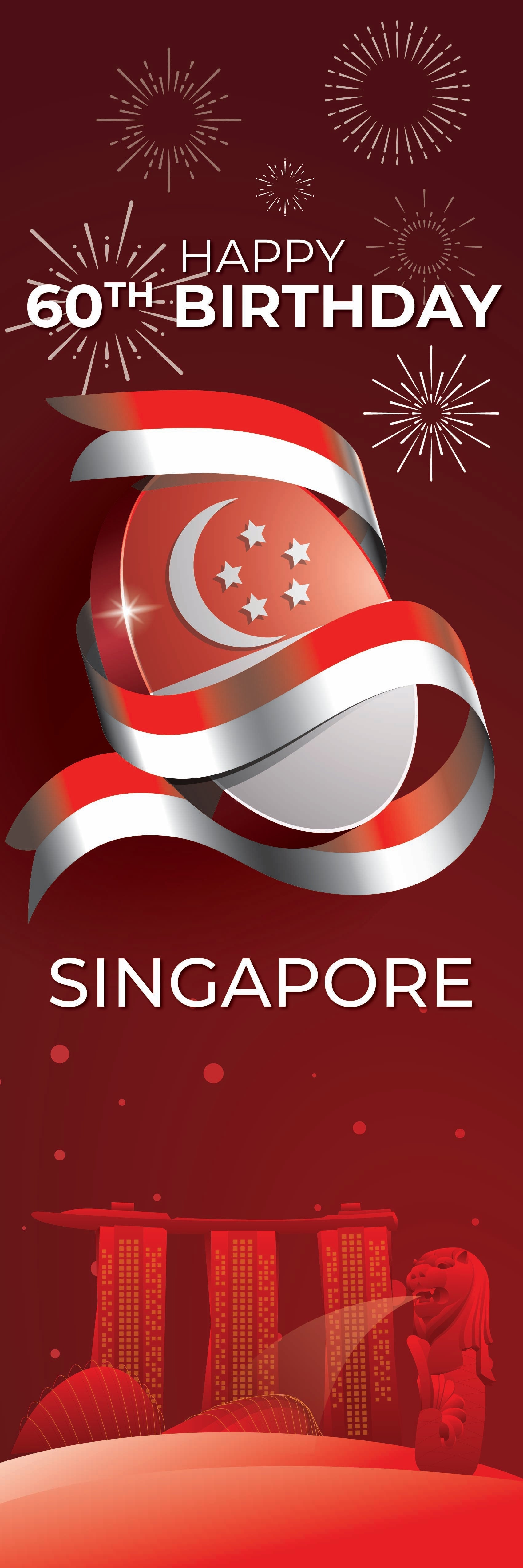 Happy 60th Birthday Singapore banner with national flag and landmarks on a red background