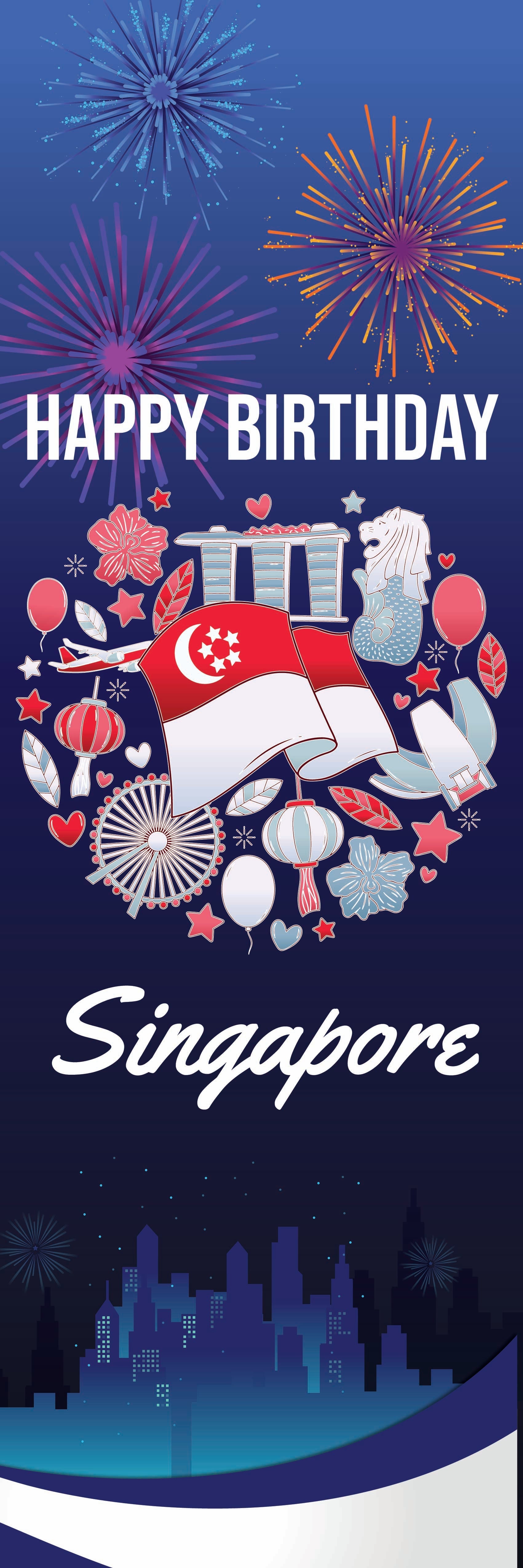 Happy Birthday Singapore card with national flag, skyline, and fireworks on a blue background