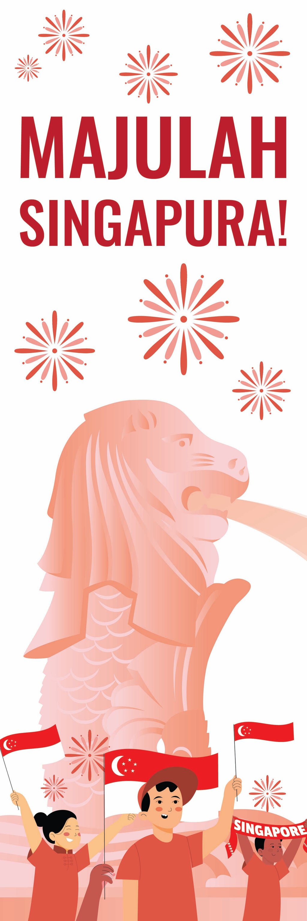 Pink Singapore Merlion with children holding flags and text 'MAJULAH SINGAPURA!' on a pink background