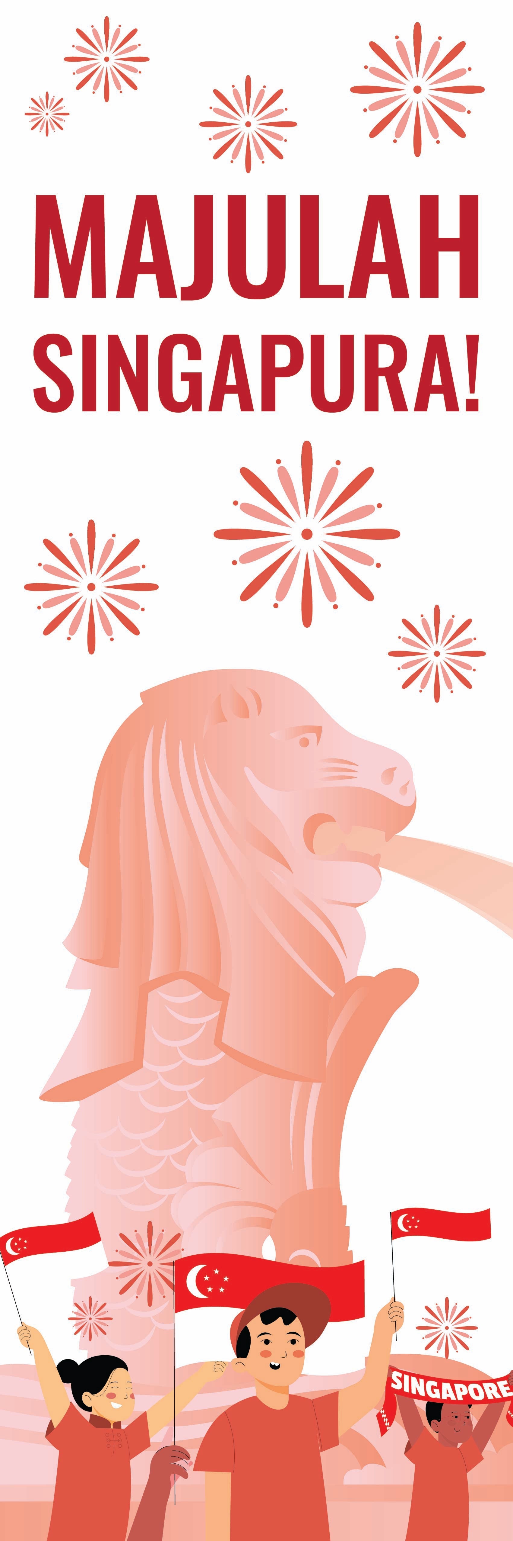 Pink Singapore Merlion with children holding flags and text 'MAJULAH SINGAPURA!' on a pink background